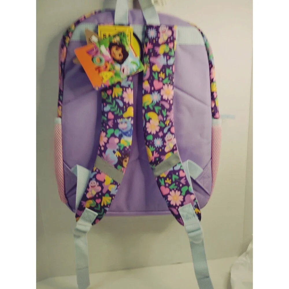 Dora the Explorer Purple Pink Glitter Floral Small Backpack Zip, Pom Poms